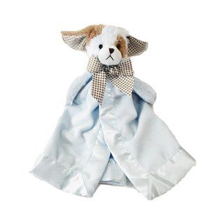 Bearington Baby Blue Puppy Dog 13" Plush Lovey Houndstooth Satin Blanket